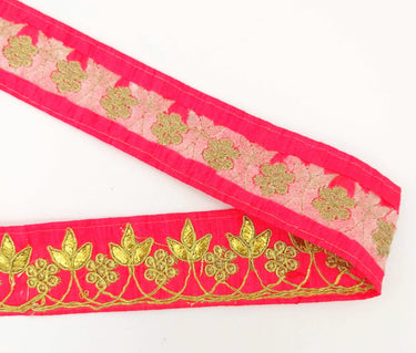 Radical Red Art Silk Fabric Trim, Gold Floral Embroidery Gota Patti Indian Sari Border Trim By Yard Decorative Trim Craft Lace